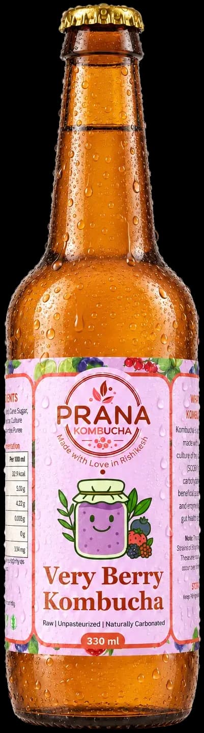Prana Very Berry Kombucha, 330 ml amber glass bottle with a lilac berry label